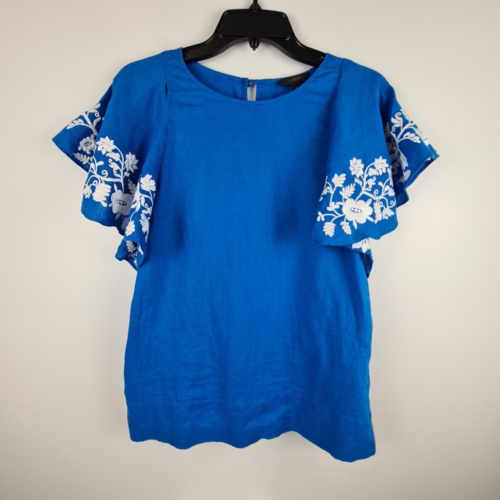 J. Crew Women's Embroidered Linen Blouse 0 Blue Flounce Top Popover XS Cottage